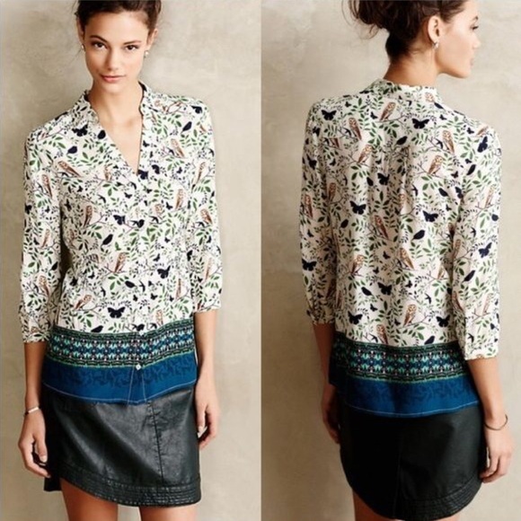 Maeve by Anthropologie Woodland Walk Owl Lightweight 3/4 Sleeve Buttondown, 0 - Picture 3 of 11